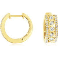 14K Yellow Gold Huggie Hoop Earrings with Alternating Round and Marquise Bezel-Set Diamonds and Milgrain Detailing - 0.53 Carat Total Diamond Weight - Royal Jewelry