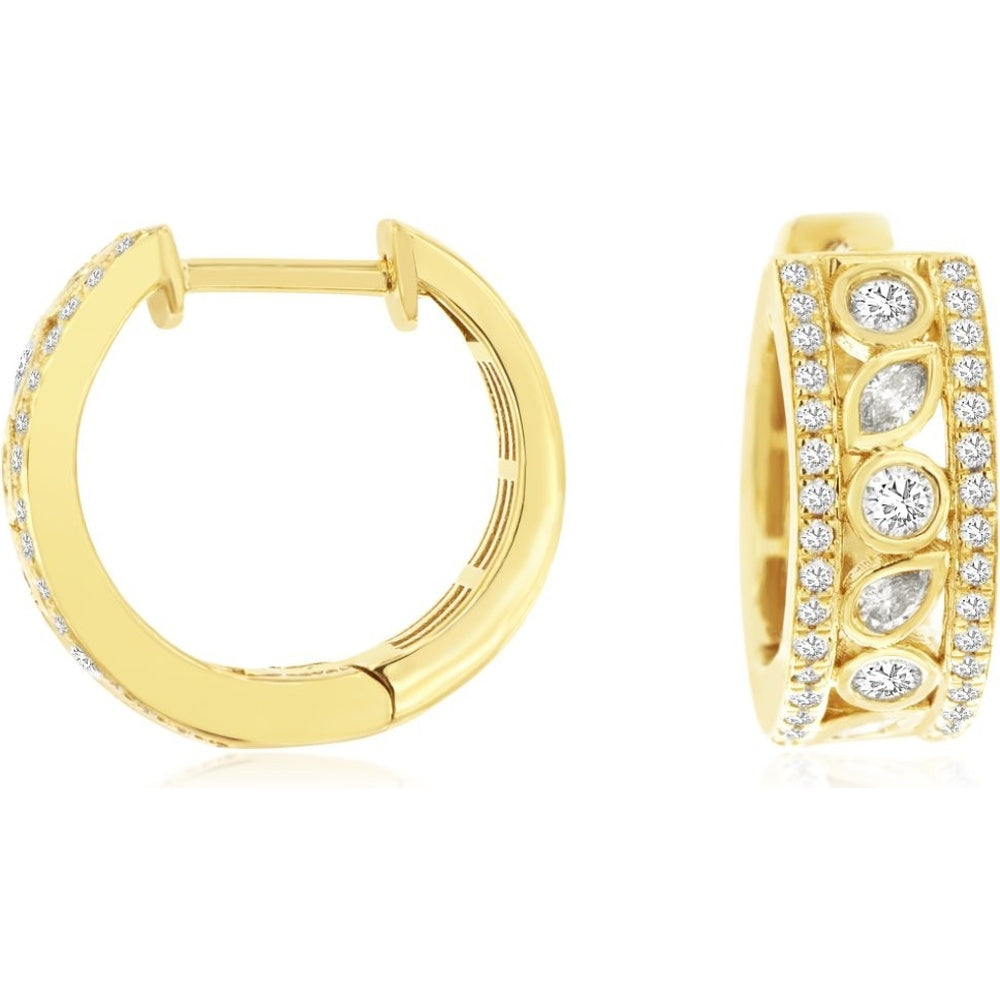 14K Yellow Gold Huggie Hoop Earrings with Alternating Round and Marquise Bezel-Set Diamonds and Milgrain Detailing - 0.53 Carat Total Diamond Weight - Royal Jewelry
