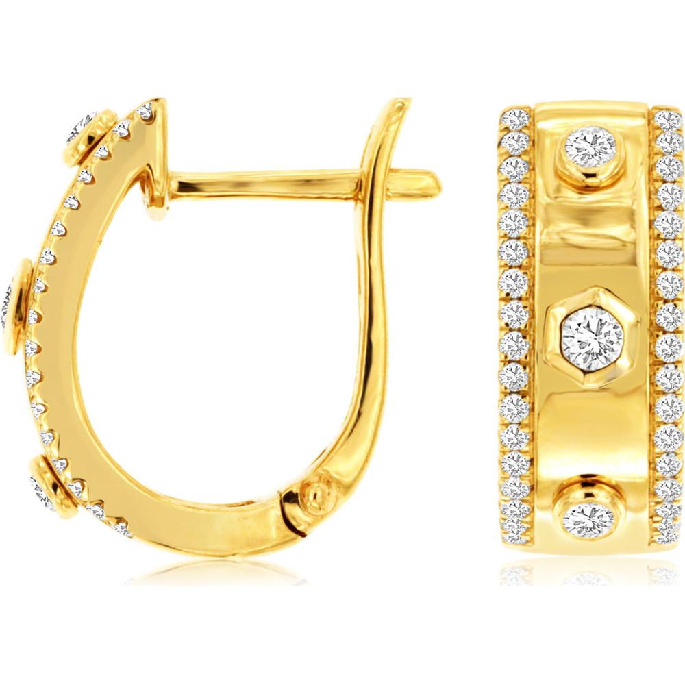 14K Yellow Gold Huggie Hoop Earrings with Bezel and Pavé Set Round Diamonds - 0.31 Carat Total Diamond Weight - Royal Jewelry