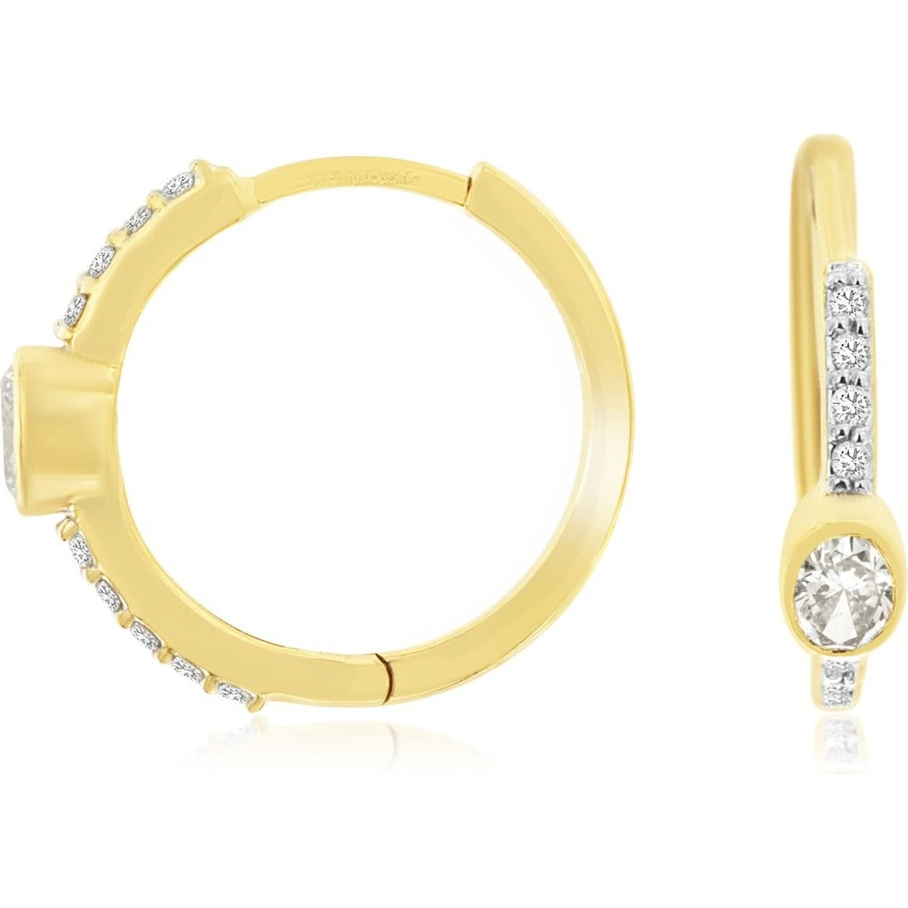 14K Yellow Gold Huggie Hoop Earrings with Bezel Set and Pavé Round Diamonds - 0.37 Carat Total Diamond Weight - Royal Jewelry