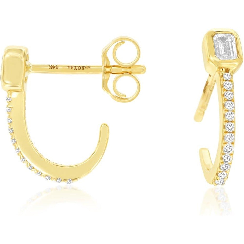 14K Yellow Gold Huggie Hoop Earrings with Bezel Set Emerald Cut Diamond and Pave Round Diamond Accents - 0.22 Carat Total Diamond Weight - Royal Jewelry