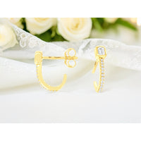 14K Yellow Gold Huggie Hoop Earrings with Bezel Set Emerald Cut Diamond and Pave Round Diamond Accents - 0.22 Carat Total Diamond Weight - Royal Jewelry