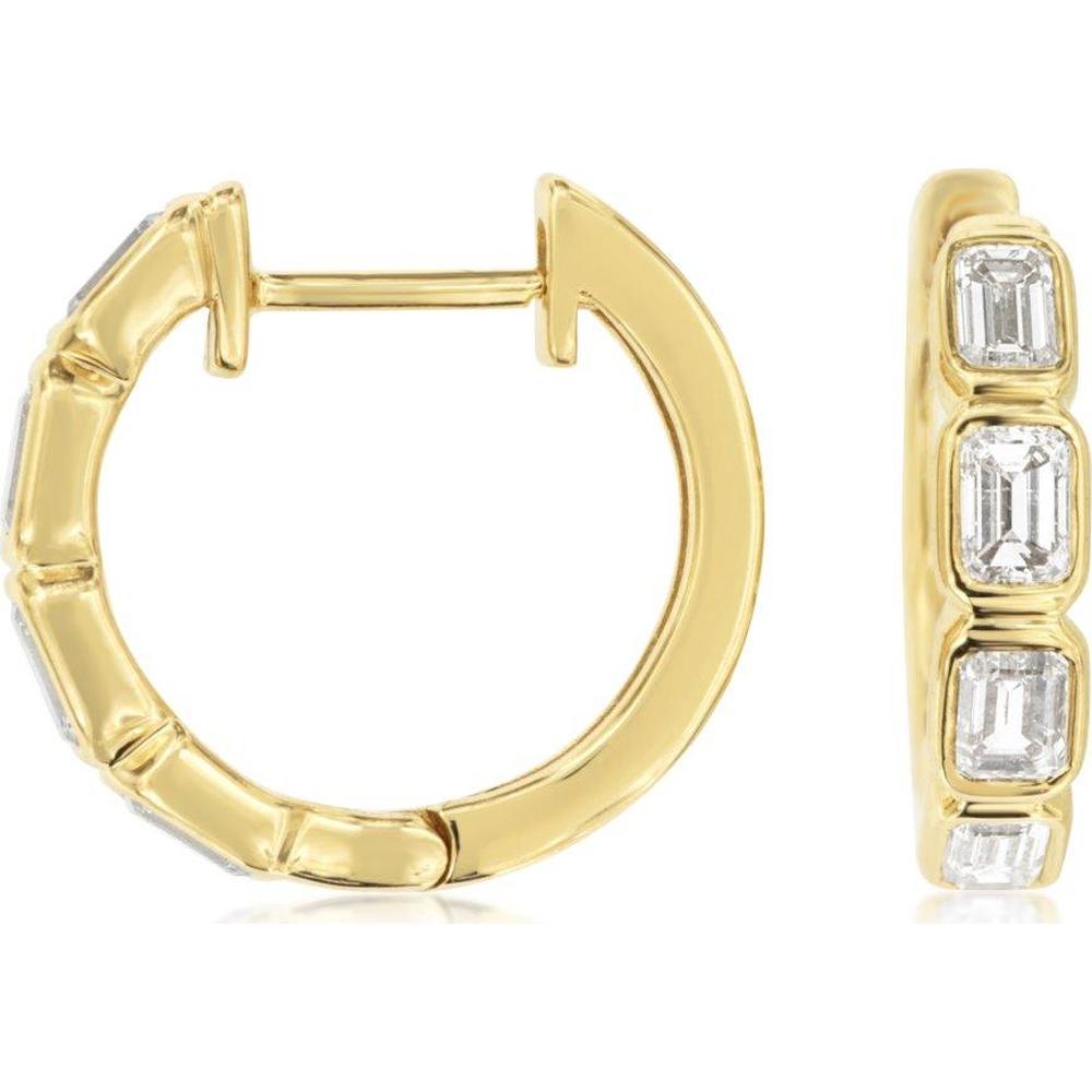 14K Yellow Gold Huggie Hoop Earrings with Bezel Set Emerald Cut Diamonds - 0.85 Carat Total Diamond Weight - Royal Jewelry