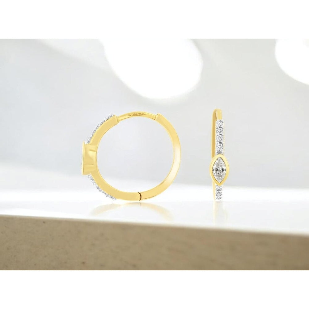 14K Yellow Gold Huggie Hoop Earrings with Bezel-Set Marquise Diamond and Round Diamond Accents - 0.30 Carat Total Diamond Weight - Royal Jewelry