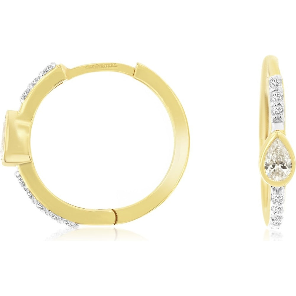 14K Yellow Gold Huggie Hoop Earrings with Bezel-Set Pear and Round Diamonds - 0.30 Carat Total Diamond Weight - Royal Jewelry