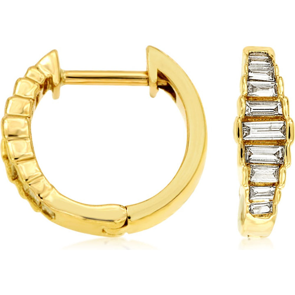 14K Yellow Gold Huggie Hoop Earrings with Channel-Set Baguette Diamonds - 0.23 Carat Total Diamond Weight - Royal Jewelry
