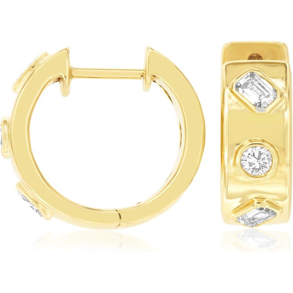 14K Yellow Gold Huggie Hoop Earrings with Flush-Set Emerald, Round, and Baguette Diamonds - 0.48 Carat Total Diamond Weight - Royal Jewelry
