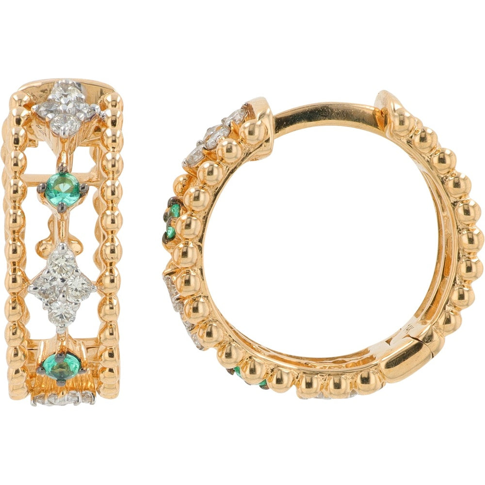 14K Yellow Gold Huggie Hoop Earrings with Milgrain Detail and Kite-Set Emerald and Diamond Clusters - 0.30 Carat Total Diamond Weight and 0.15 Carat Total Emerald Weight