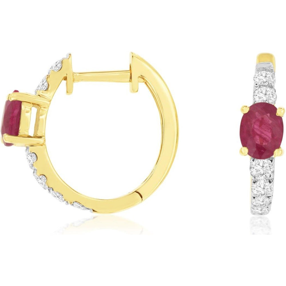 14K Yellow Gold Huggie Hoop Earrings with Oval Rubies and Round Diamond Accents - 0.88 Carat Total Ruby Weight - Royal Jewelry