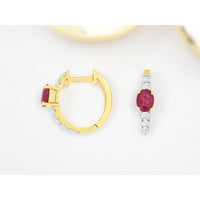 14K Yellow Gold Huggie Hoop Earrings with Oval Rubies and Round Diamond Accents - 0.88 Carat Total Ruby Weight - Royal Jewelry