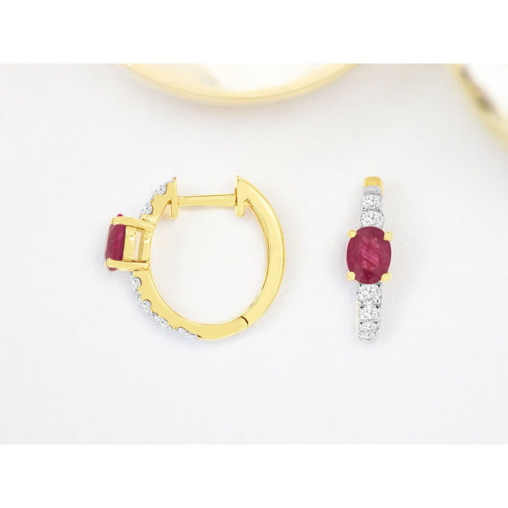 14K Yellow Gold Huggie Hoop Earrings with Oval Rubies and Round Diamond Accents - 0.88 Carat Total Ruby Weight - Royal Jewelry