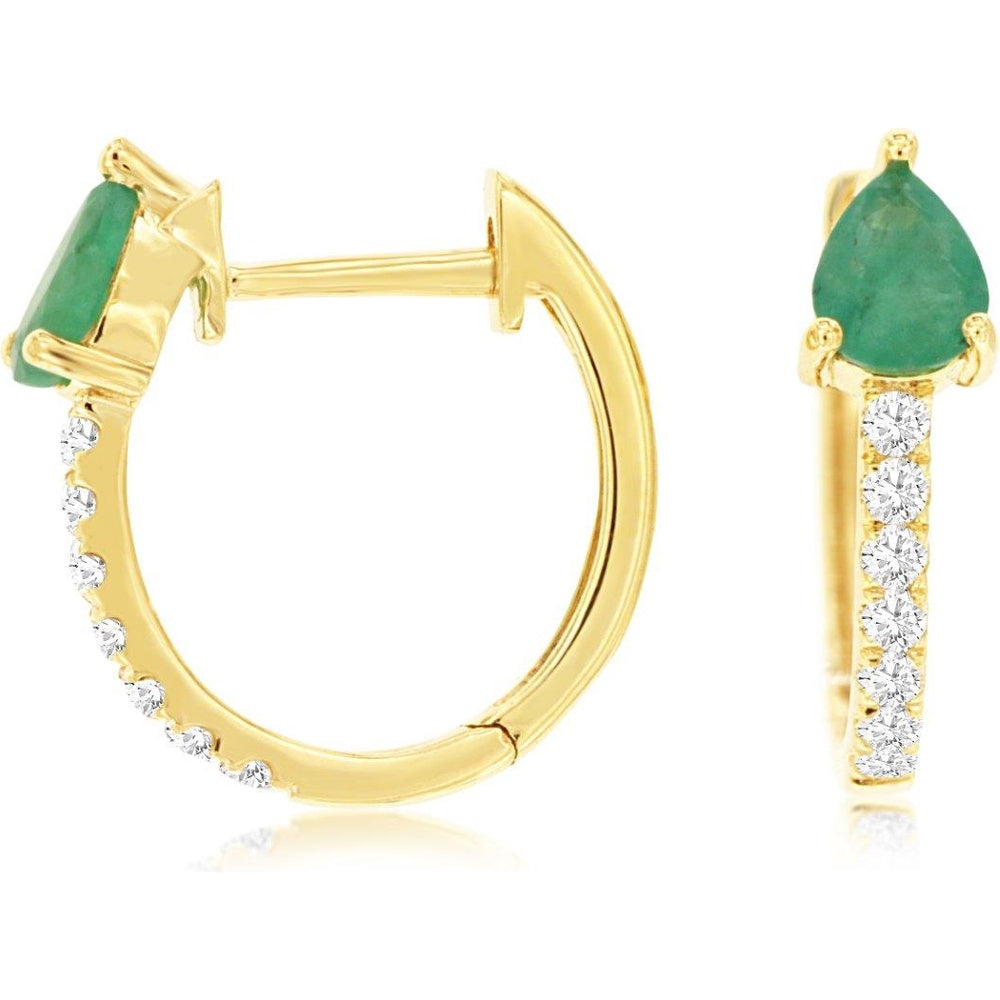 14K Yellow Gold Huggie Hoop Earrings with Pear-Shaped Emeralds and Round Diamond Accents - 0.65 Carat Total Emerald Weight and 0.17 Carat Total Diamond Weight - Royal Jewelry