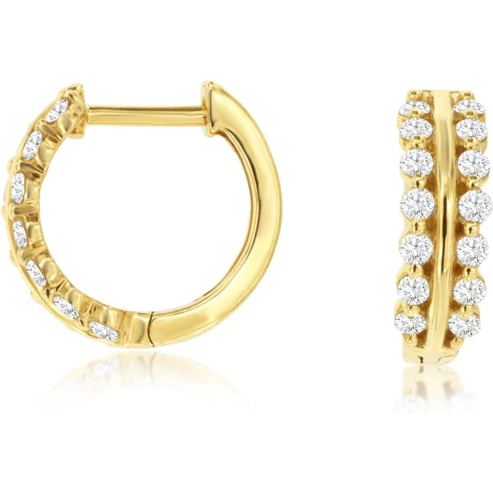 14K Yellow Gold Huggie Hoop Earrings with Prong-Set Round Diamonds - 0.42 Carat Total Diamond Weight - Royal Jewelry