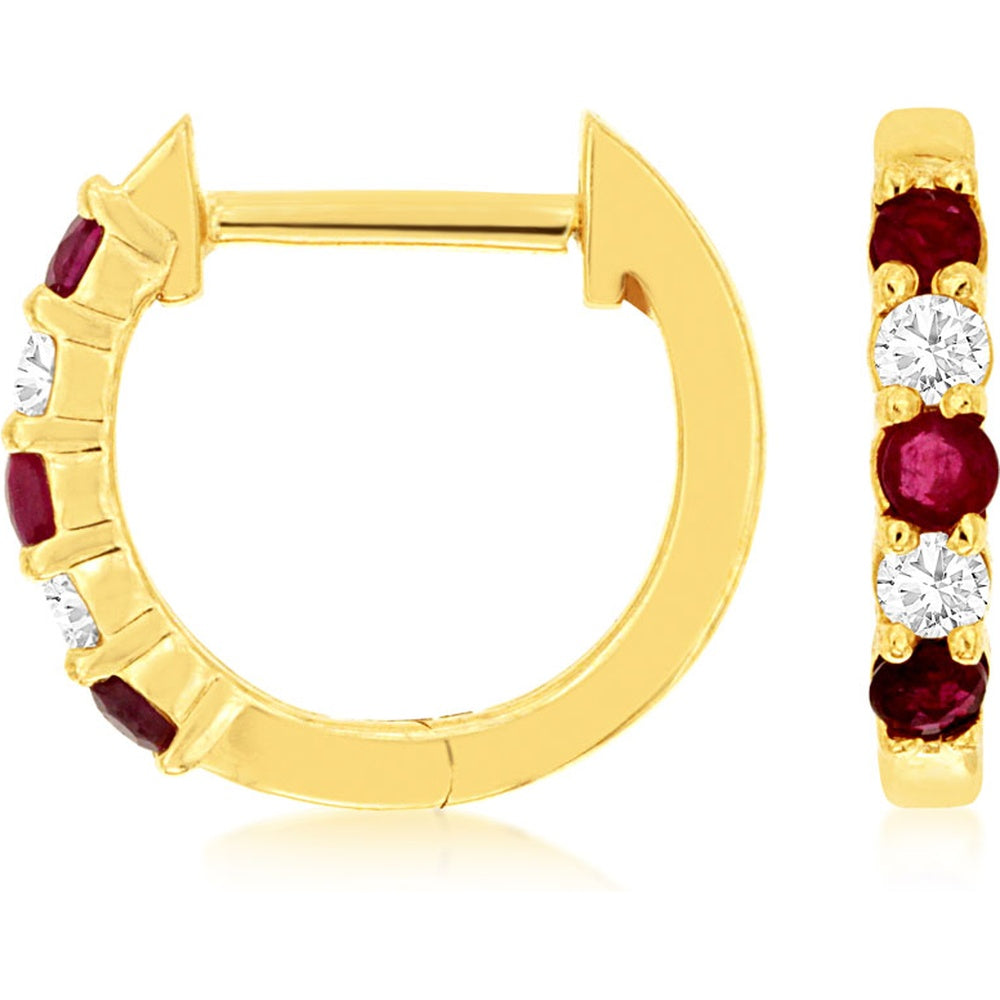 14K Yellow Gold Huggie Hoop Earrings with Prong-Set Round Rubies and Diamonds - 0.15 Carat Total Ruby Weight and 0.10 Carat Total Diamond Weight - Royal Jewelry