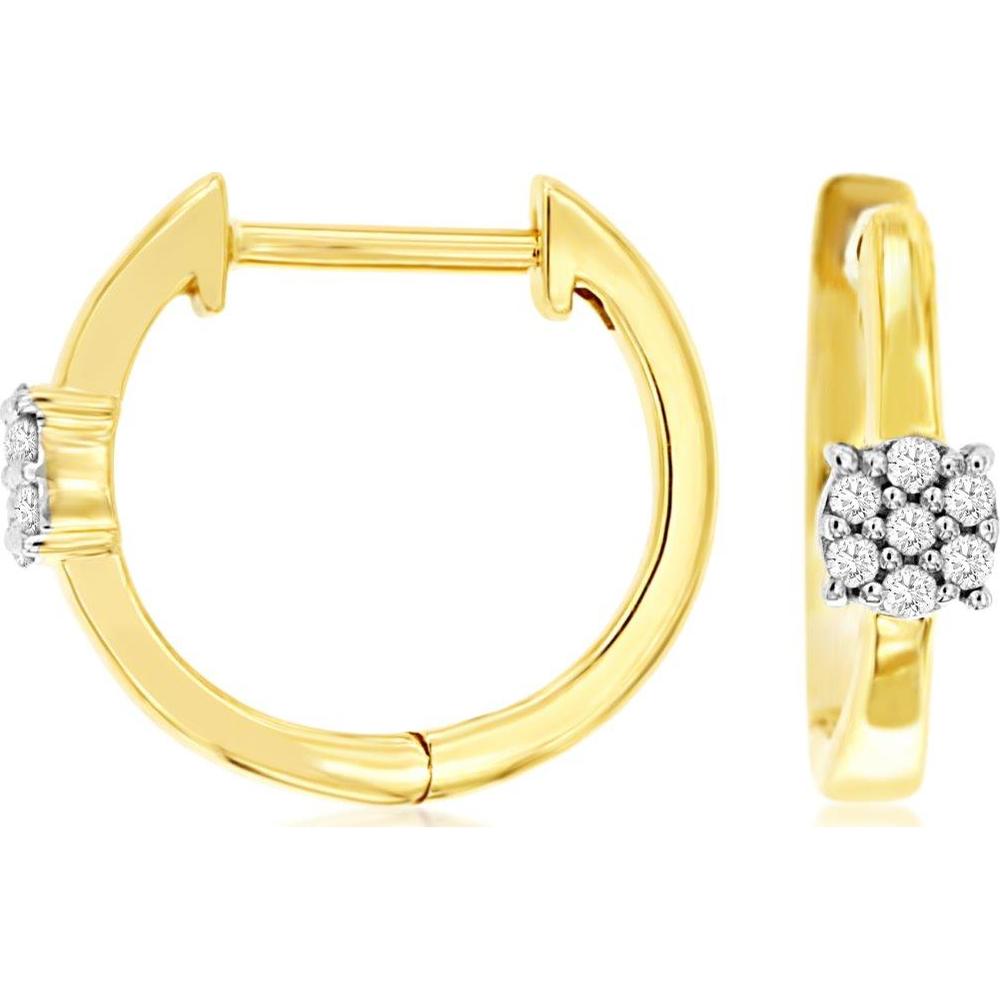 14K Yellow Gold Huggie Hoop Earrings with Round Diamond Cluster Accents - 0.07 Carat Total Diamond Weight - Royal Jewelry