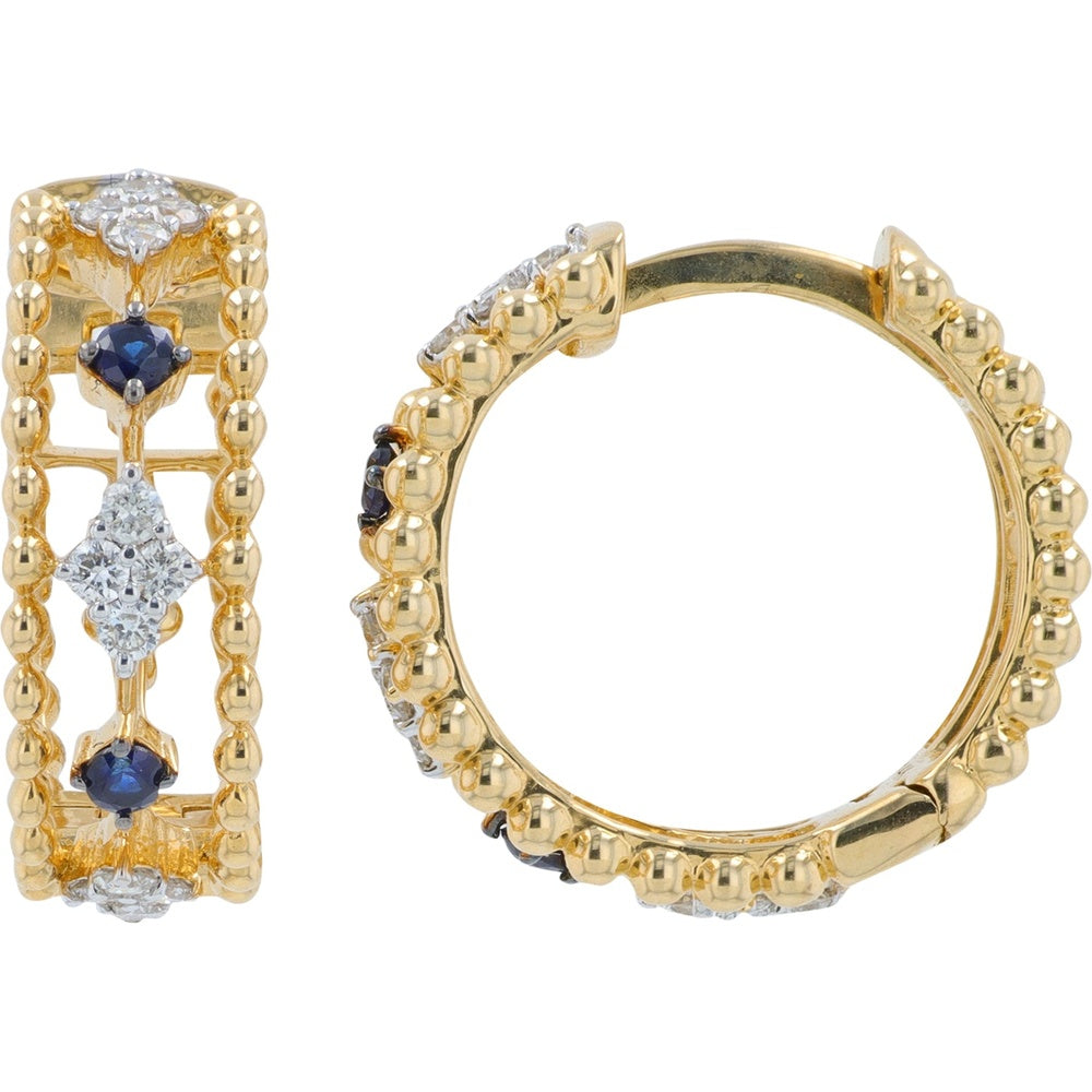 14K Yellow Gold Huggie Hoop Earrings with Round Sapphires and Diamond Clusters - 0.30 Carat Total Diamond Weight and 0.15 Carat Total Sapphire Weight