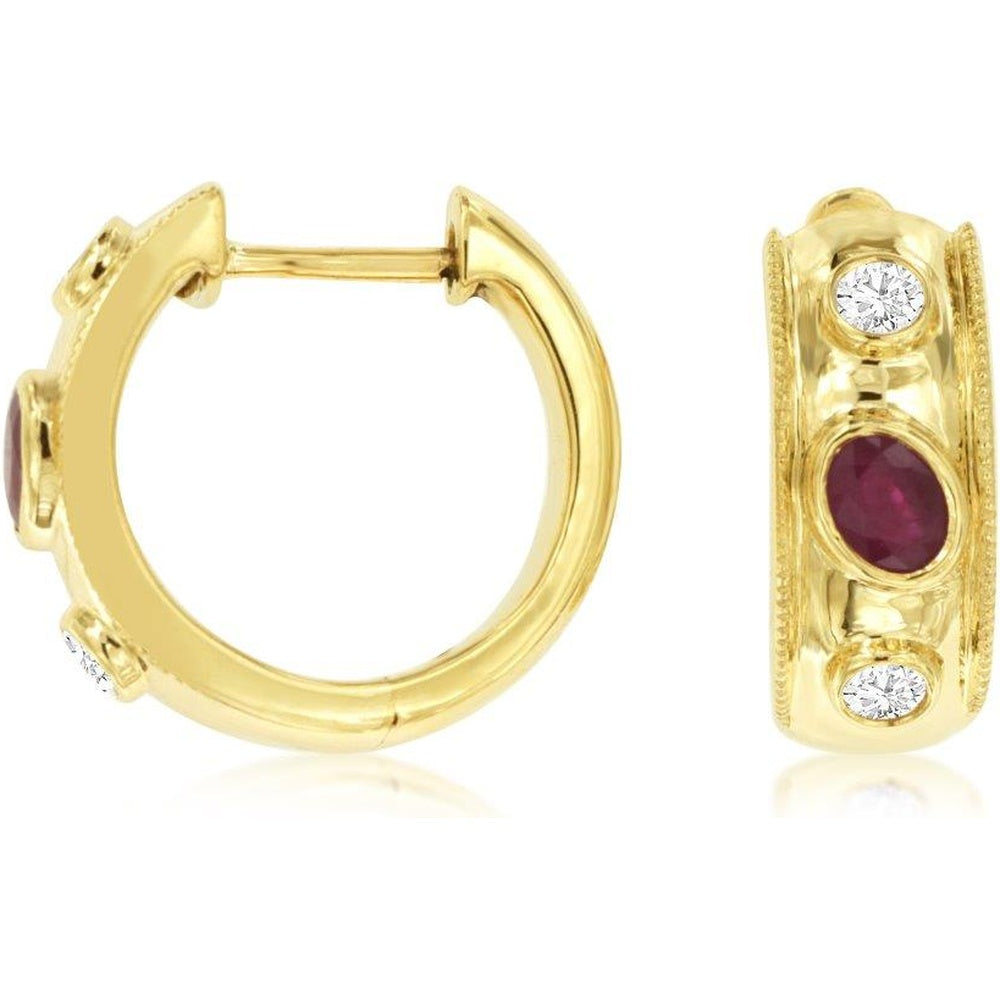 14K Yellow Gold Huggy Earrings with Bezel-Set Oval Rubies and Round Diamonds - 0.40 Carat Total Ruby Weight and 0.18 Carat Total Diamond Weight - Royal Jewelry