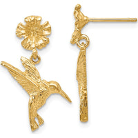 14K Yellow Gold Hummingbird Dangle Earrings with Flower Post - 24mm Length by 0