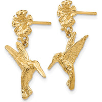 14K Yellow Gold Hummingbird Dangle Earrings with Flower Post - 24mm Length by 0