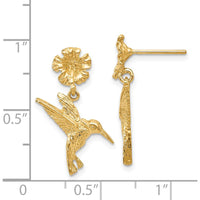 14K Yellow Gold Hummingbird Dangle Earrings with Flower Post - 24mm Length by 0