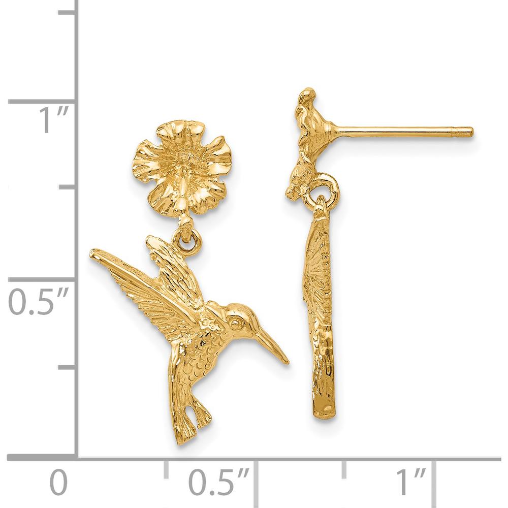 14K Yellow Gold Hummingbird Dangle Earrings with Flower Post - 24mm Length by 0