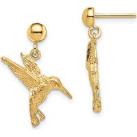 14K Yellow Gold Hummingbird Dangle Earrings with Textured Design - 20.05mm Length by 0