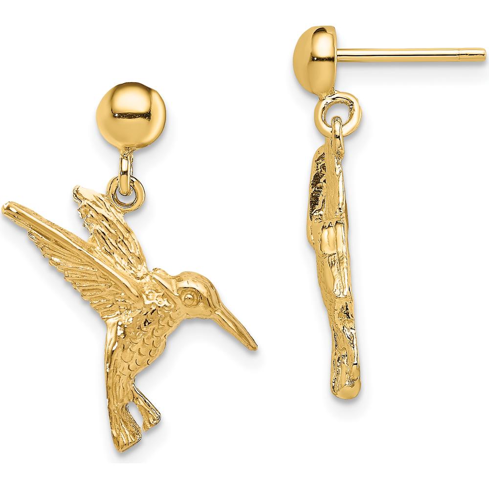 14K Yellow Gold Hummingbird Dangle Earrings with Textured Design - 20.05mm Length by 0