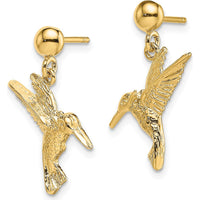 14K Yellow Gold Hummingbird Dangle Earrings with Textured Design - 20.05mm Length by 0