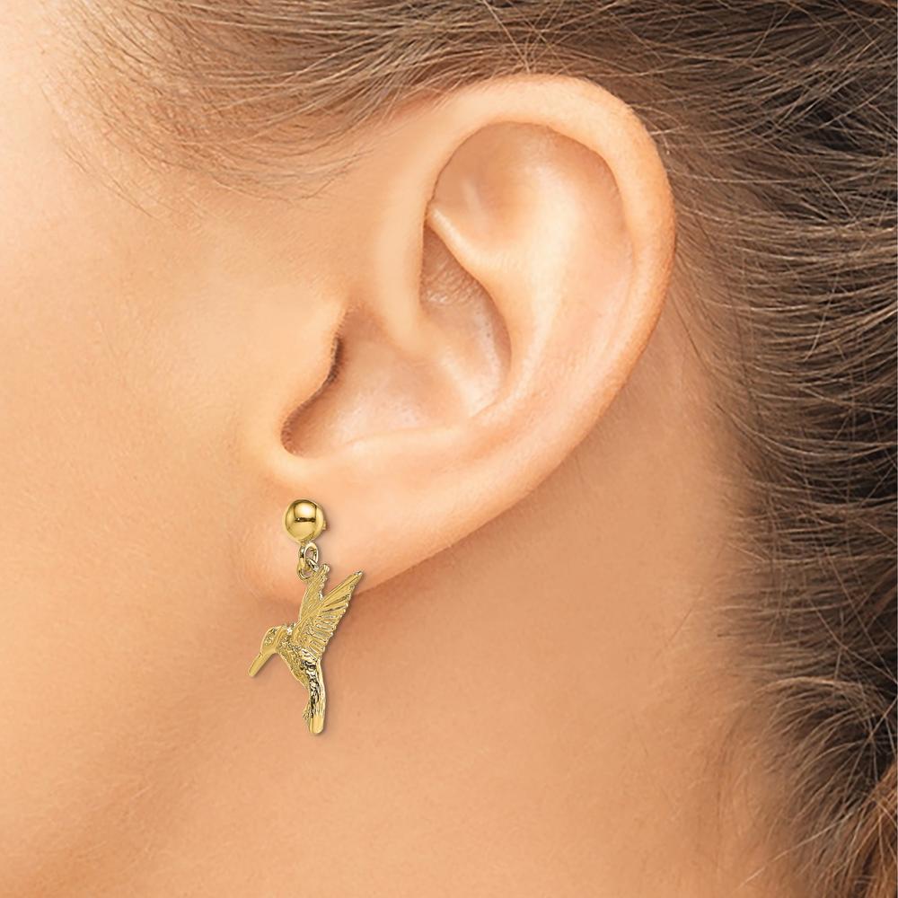 14K Yellow Gold Hummingbird Dangle Earrings with Textured Design - 20.05mm Length by 0
