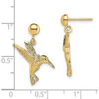 14K Yellow Gold Hummingbird Dangle Earrings with Textured Design - 20.05mm Length by 0
