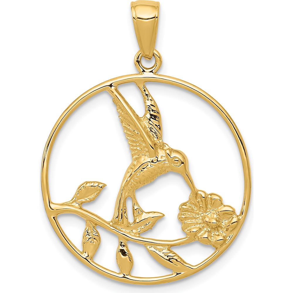 14K Yellow Gold Hummingbird in Round Frame Pendant - Nature-Inspired Charm by Oro Pregiato