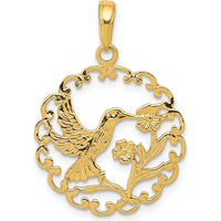 14K Yellow Gold Hummingbird with Flower Scalloped Frame Pendant by Oro Pregiato