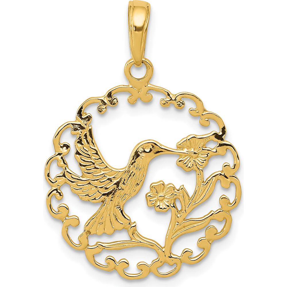 14K Yellow Gold Hummingbird with Flower Scalloped Frame Pendant by Oro Pregiato