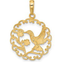 14K Yellow Gold Hummingbird with Flower Scalloped Frame Pendant by Oro Pregiato