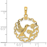 14K Yellow Gold Hummingbird with Flower Scalloped Frame Pendant by Oro Pregiato