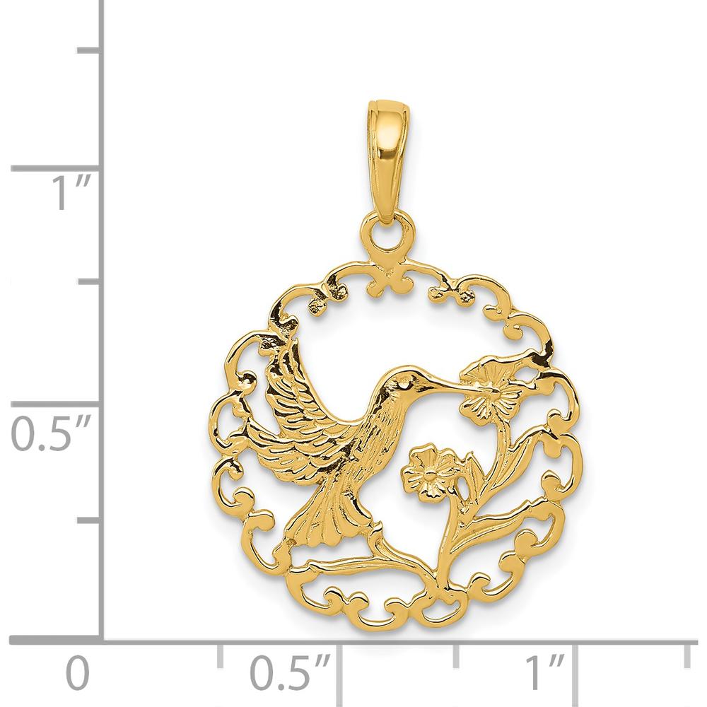 14K Yellow Gold Hummingbird with Flower Scalloped Frame Pendant by Oro Pregiato