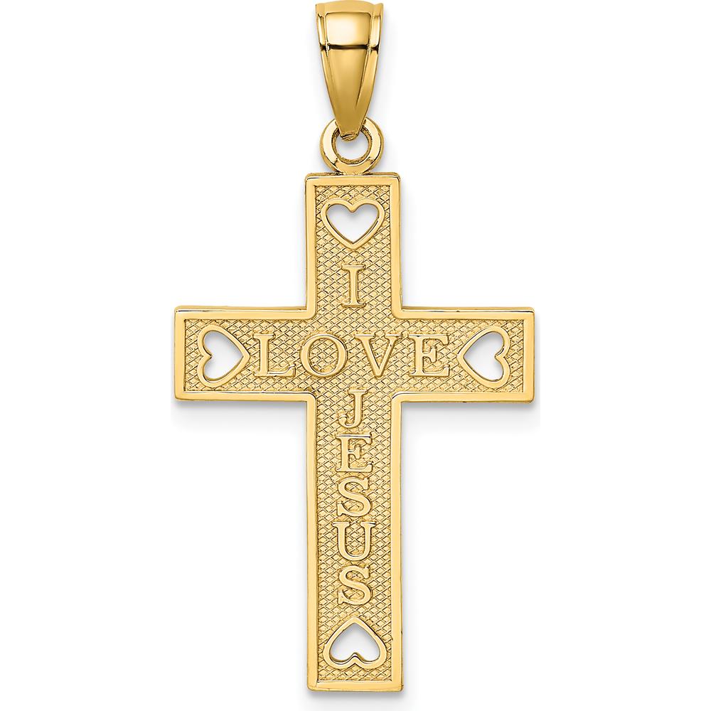 14K Yellow Gold I LOVE JESUS Cross Pendant with Heart Details - 25.2mm Length by Oro Pregiato