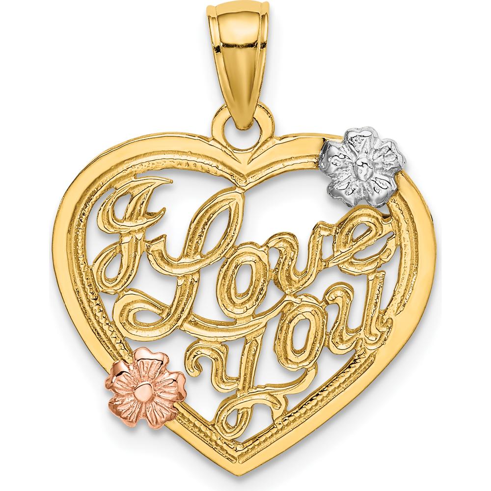 14K Yellow Gold "I Love You" Heart Pendant with Two-Tone Flower Accents in Rose and White Rhodium by Oro Pregiato