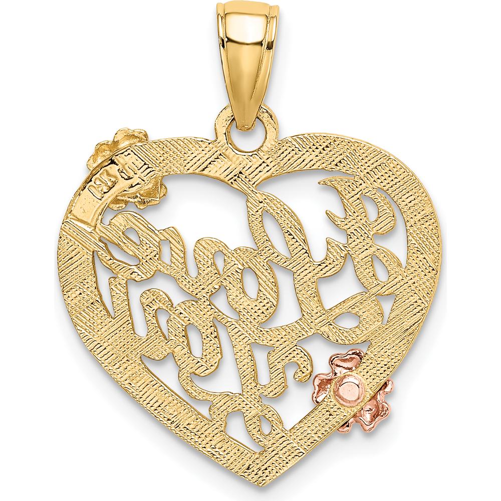 14K Yellow Gold "I Love You" Heart Pendant with Two-Tone Flower Accents in Rose and White Rhodium by Oro Pregiato