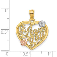 14K Yellow Gold "I Love You" Heart Pendant with Two-Tone Flower Accents in Rose and White Rhodium by Oro Pregiato