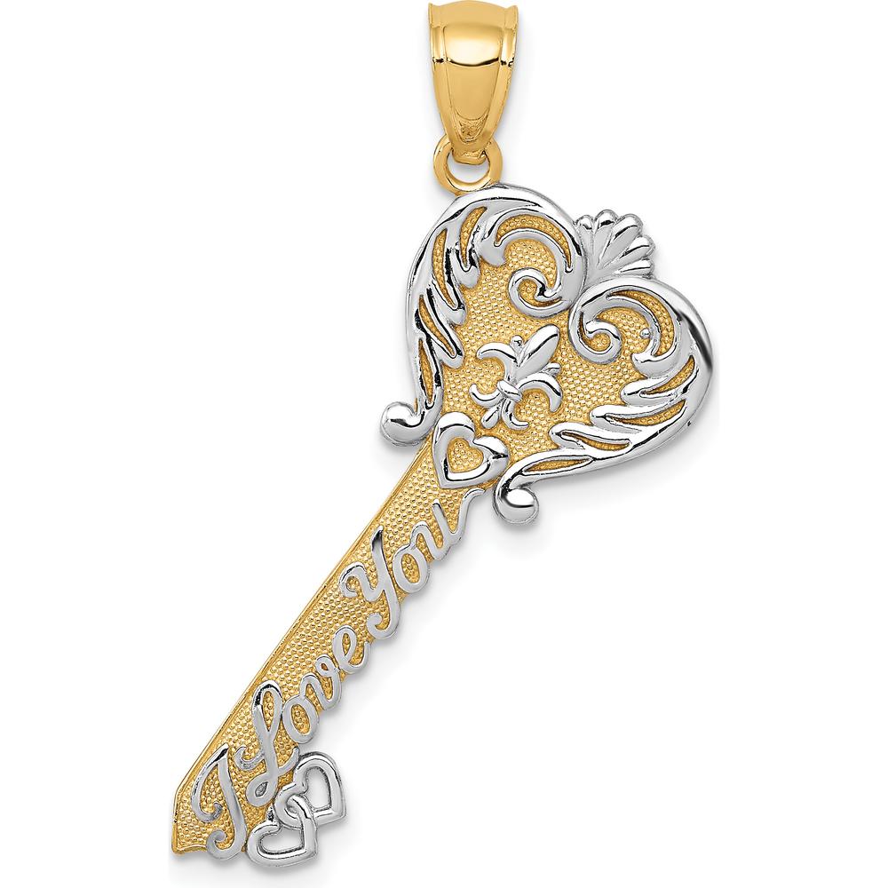 14K Yellow Gold "I Love You" Script Fleur de Lis Heart Key Charm Pendant with White Rhodium Accents by Oro Pregiato