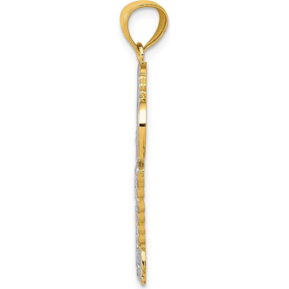 14K Yellow Gold "I Love You" Script Fleur de Lis Heart Key Charm Pendant with White Rhodium Accents by Oro Pregiato