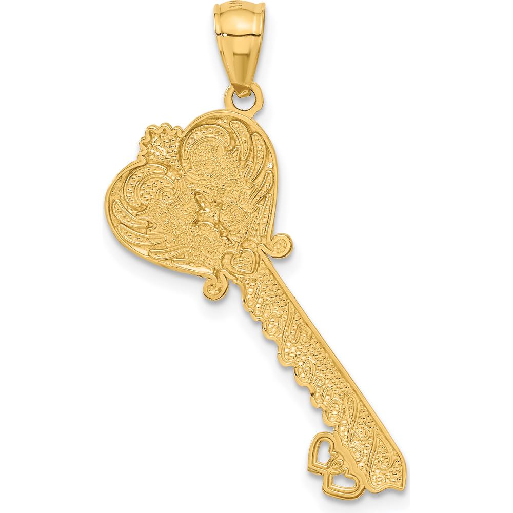 14K Yellow Gold "I Love You" Script Fleur de Lis Heart Key Charm Pendant with White Rhodium Accents by Oro Pregiato