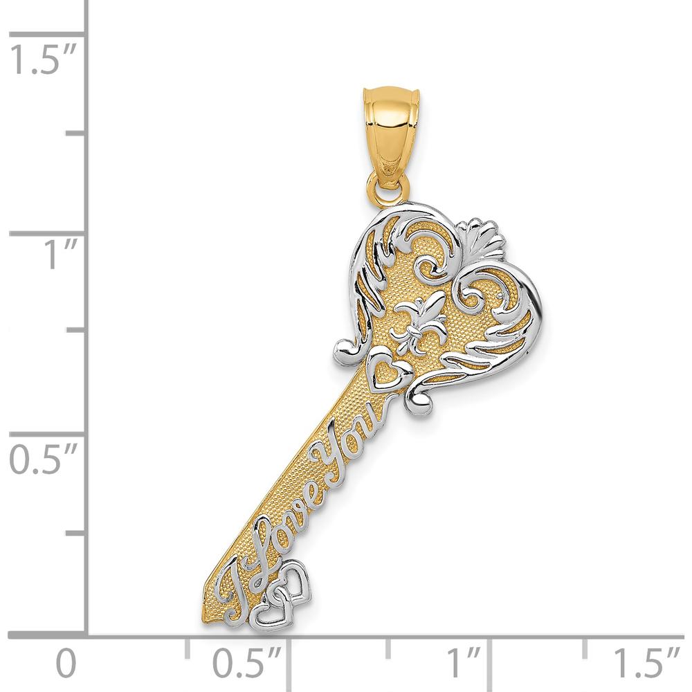 14K Yellow Gold "I Love You" Script Fleur de Lis Heart Key Charm Pendant with White Rhodium Accents by Oro Pregiato