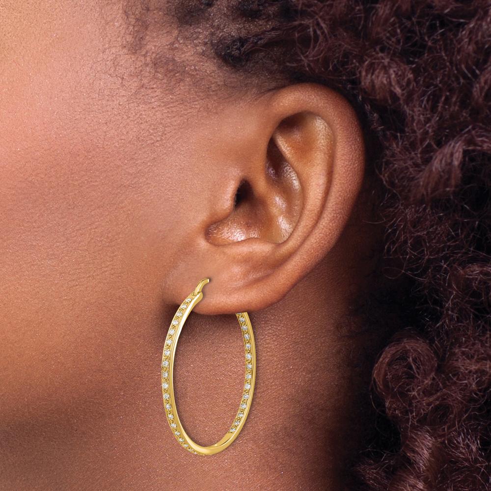 14K Yellow Gold In and Out Hoop Earrings with Round Diamonds - 0.018 Carat Total Diamond Weight by Monteluci Fine Jewelry
