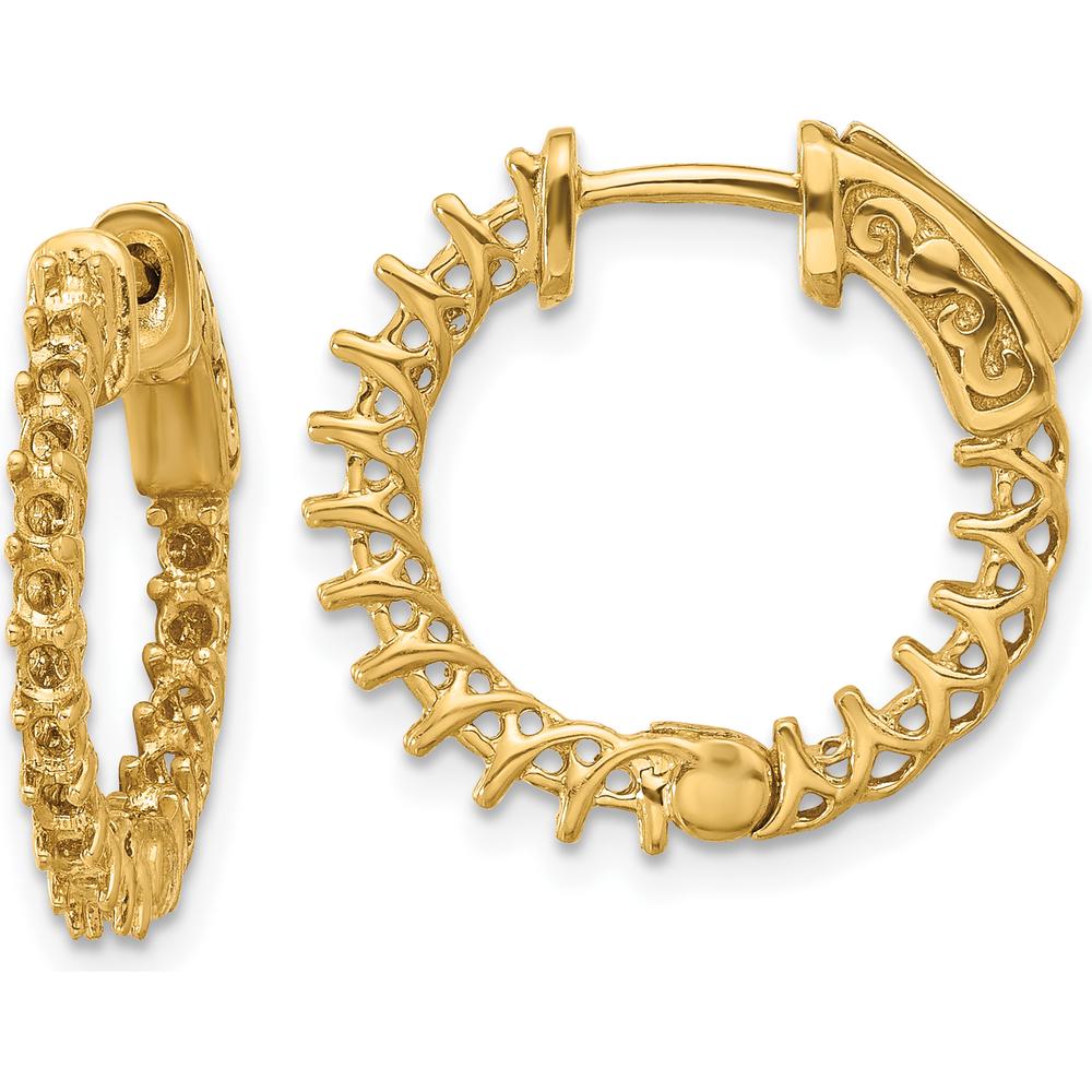 14K Yellow Gold In & Out Hoop Earrings with Round Stone Mountings - 36 Stone Settings by Monteluci Fine Jewelry