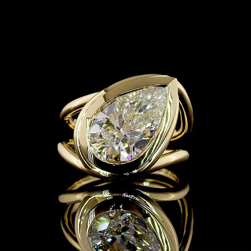 14K Yellow Gold Inclined Bezel Set Pear Shape Lab Grown Diamond Solitaire Ring - 3.50 Carat Total Diamond Weight - Covaloro Fine Jewelry