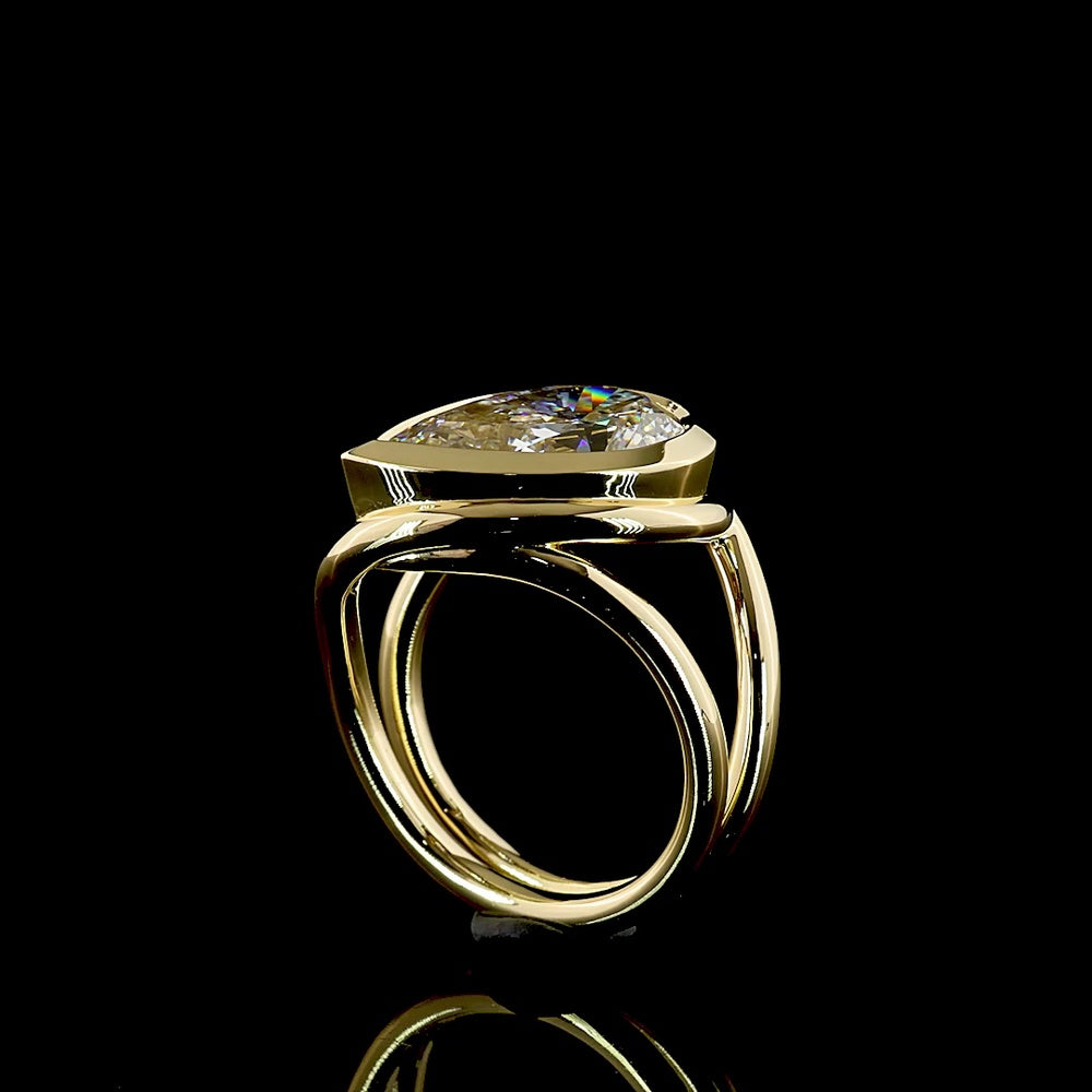 14K Yellow Gold Inclined Bezel Set Pear Shape Lab Grown Diamond Solitaire Ring - 3.50 Carat Total Diamond Weight - Covaloro Fine Jewelry