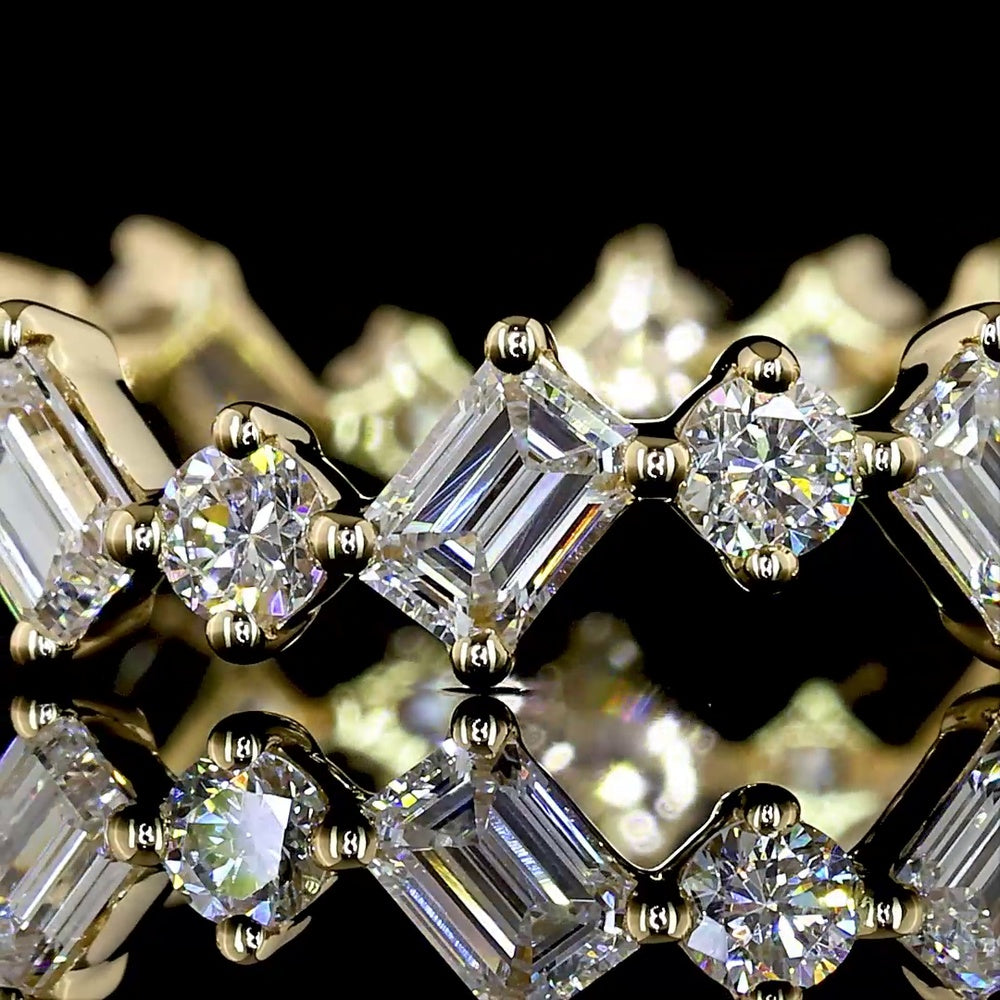 14K Yellow Gold Inclined Eternity Band with Alternating Emerald Cut and Round Cut Lab Diamonds - 1.28 Carats Total Diamond Weight - Covaloro Fine Jewelry