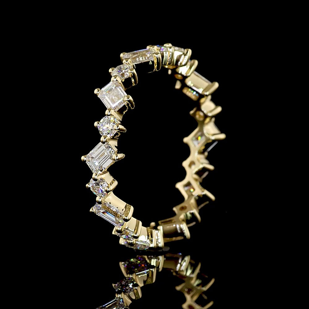 14K Yellow Gold Inclined Eternity Band with Alternating Emerald Cut and Round Cut Lab Diamonds - 1.28 Carats Total Diamond Weight - Covaloro Fine Jewelry
